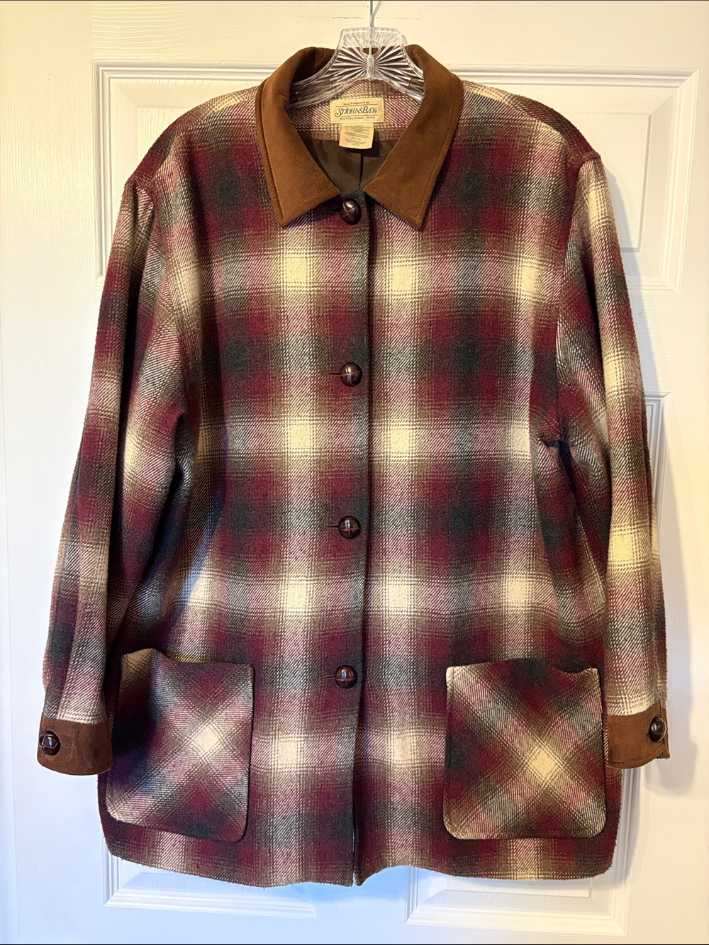 St. John’s Bay Vintage-Inspired Plaid Wool Jacket with Brown Collar and cuffs